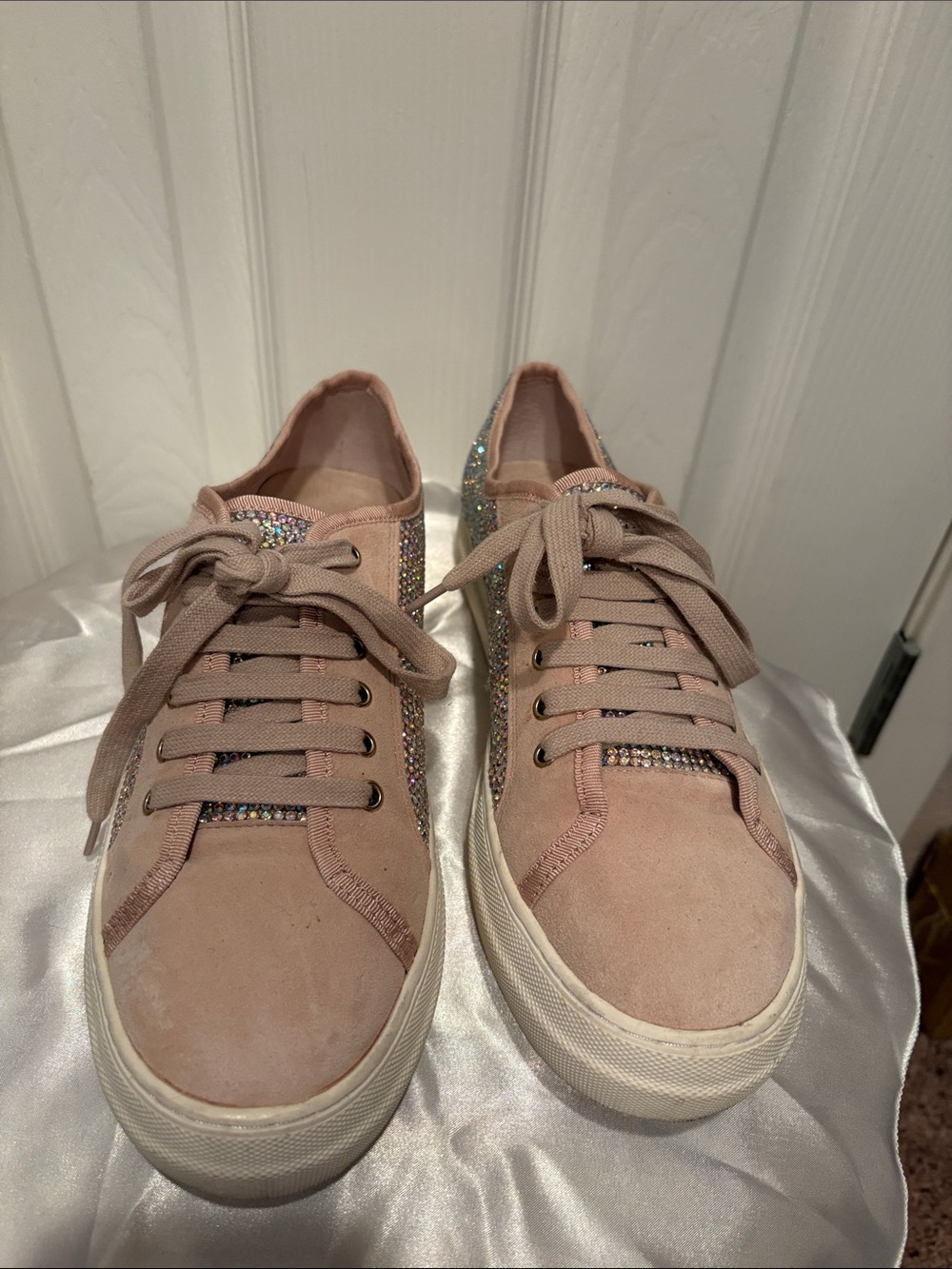Gianni Bini Blush Pink Suede Platform Sneakers with Rhinestone Trim